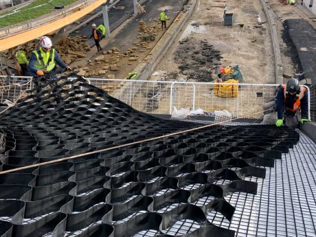 Geocell and geogrid used for slope erosion control in the green roof system at Leeds Skelton Lakes