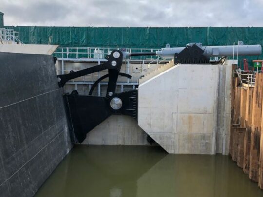 Close up of closed primary barrier gate weighing 362 tonnes