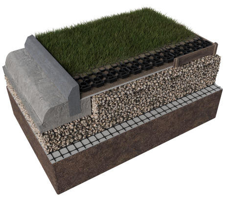 For a reinforced grass surface, the interlocking grass pavers can be filled with a soil rootzone and seeded to produce a reinforced grass surface suitable for vehicles and pedestrian traffic.